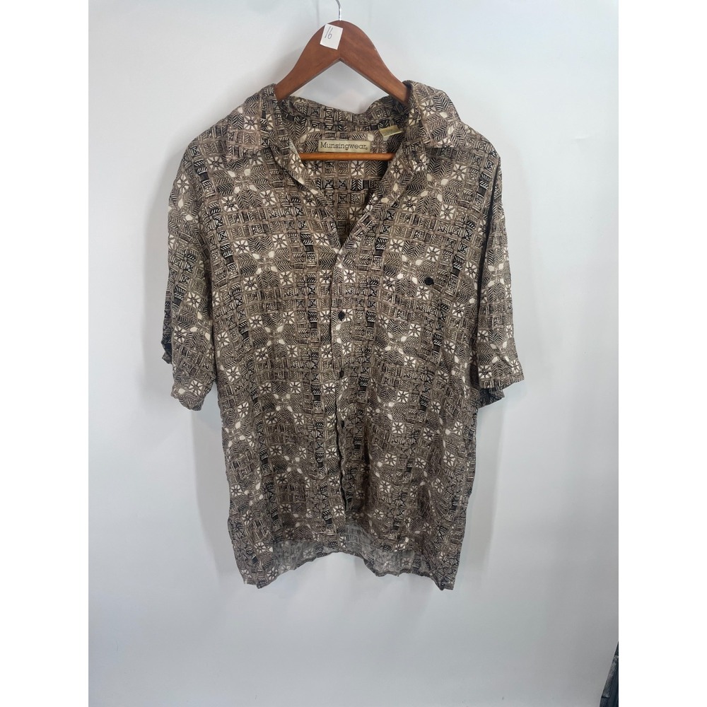 Vintage Munsingwear Geometric Short-Sleeve Button-Up Shirt Brown Cream Size L